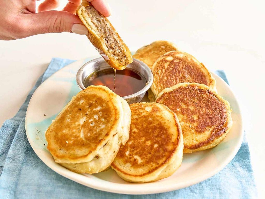 Beef breakfast sausage pancakes with syrup
