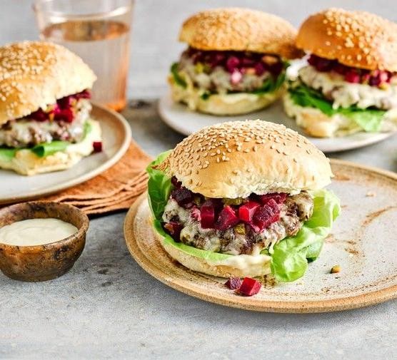 Beetroot Chickpea Burgers with Horseradish Mayo