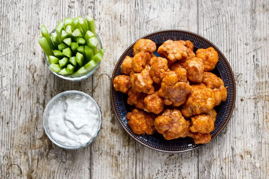 Buffalo Cauliflower Chips with Blue Cheese Dip