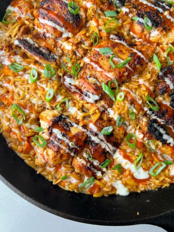 Buffalo Chicken Cheesy Orzo Casserole
