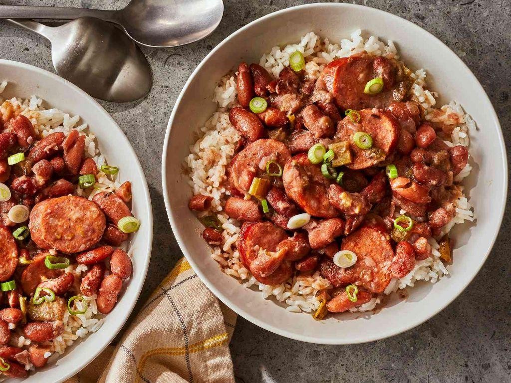 Cajun-style red beans and rice with smoked sausage