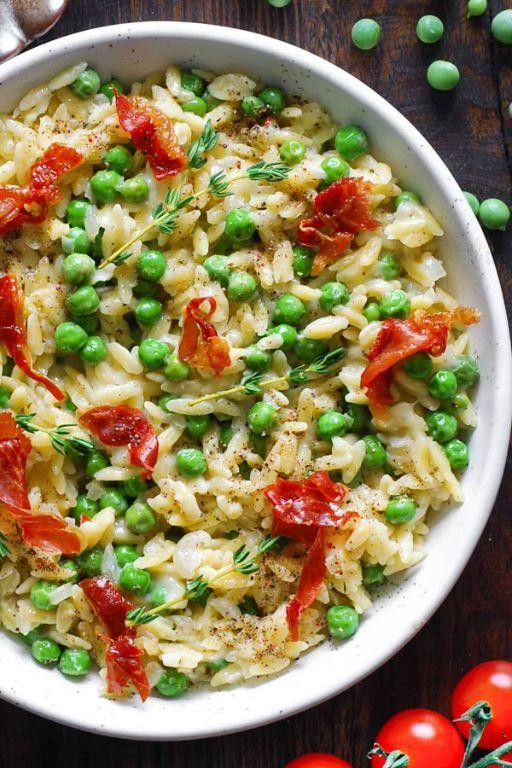 Cheesy Orzo Risotto with Peas and Prosciutto