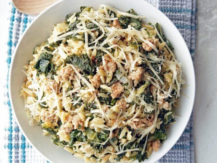 Cheesy Orzo with Sausage and Kale
