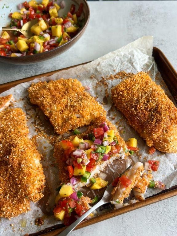 Coconut-Crusted Fried Red Snapper with Mango Chutney