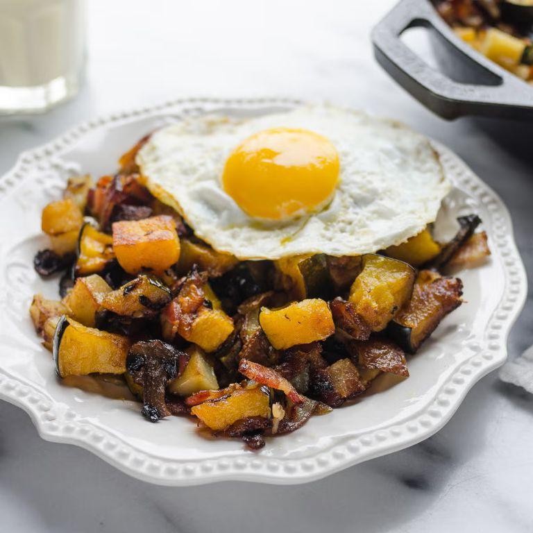 Crookneck Squash and Bacon Hash