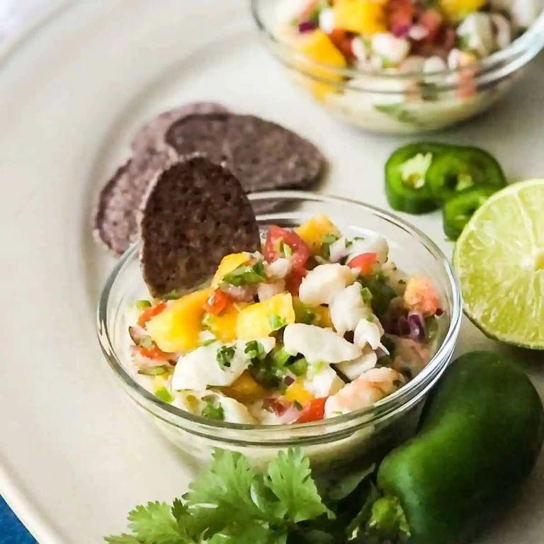 Deviled shrimp ceviche with mango salsa