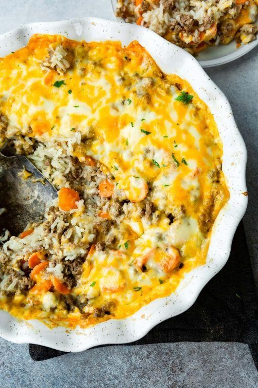 Dirty Rice Casserole with Cheese Topping