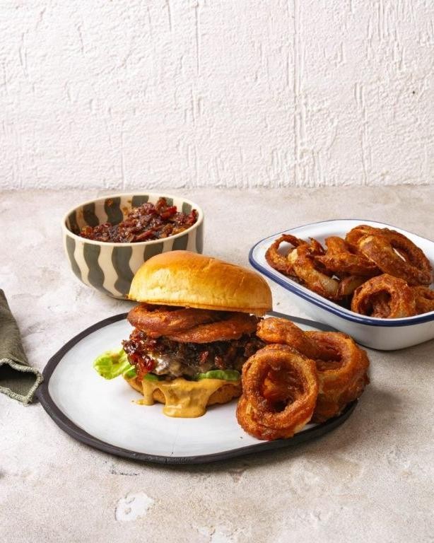 Feijoada Burgers with Crispy Onion Rings