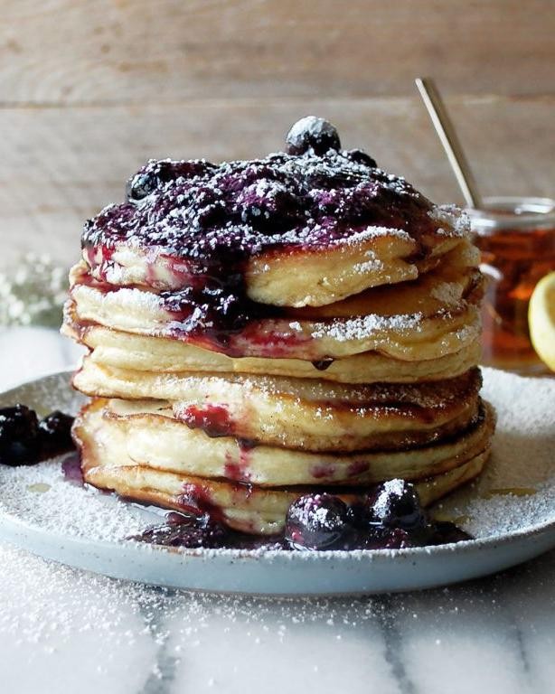 Fluffy Lemon Ricotta Pancakes with Blueberry Compote