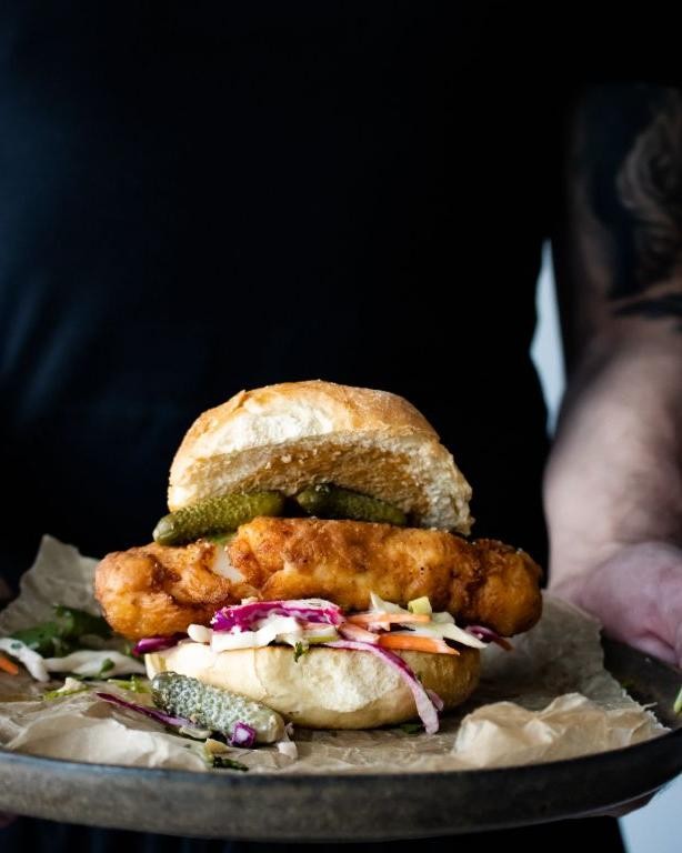 Fried Red Snapper Sandwich with Tangy Coleslaw