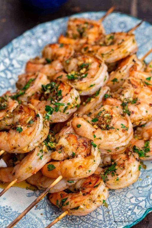 Garlicky Cuban oregano shrimp skewers
