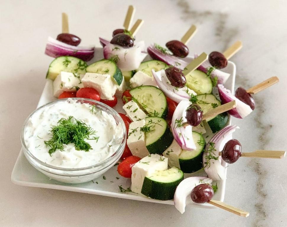 Greek Salad Skewers with Tzatziki Dip
