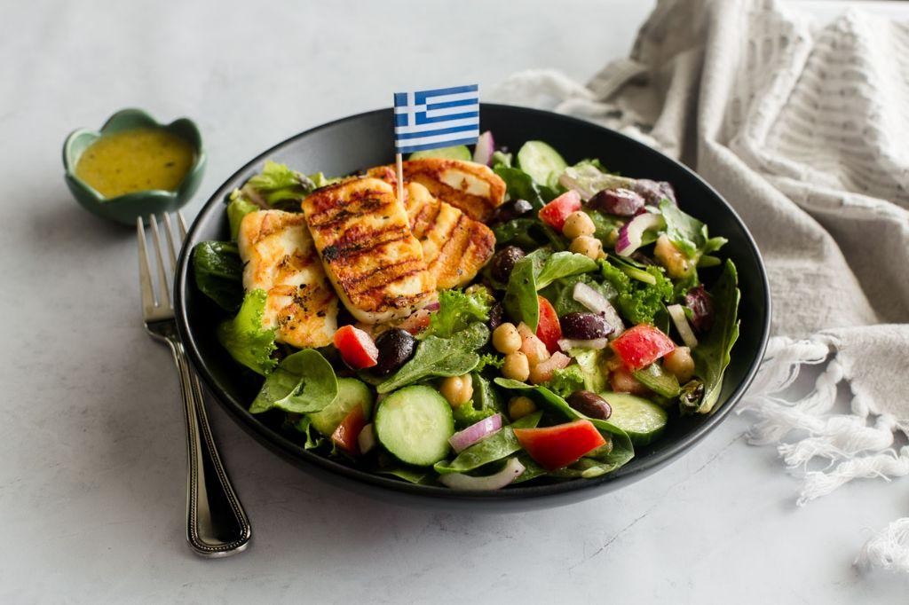 Greek Salad with Grilled Halloumi Cheese