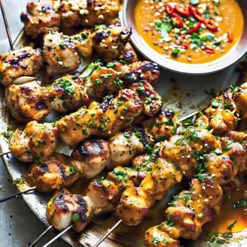 Grilled Coconut Chicken Skewers with Peanut Sauce