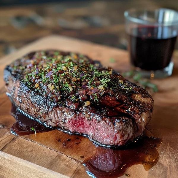 Herb-Crusted Ribeye with Red Wine Reduction