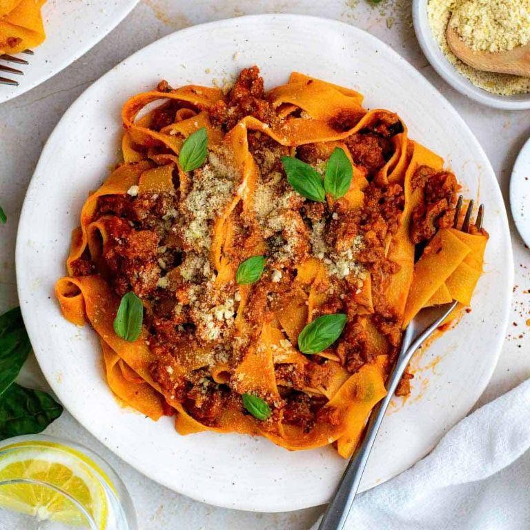 Impossible Meat Bolognese over Pappardelle Pasta