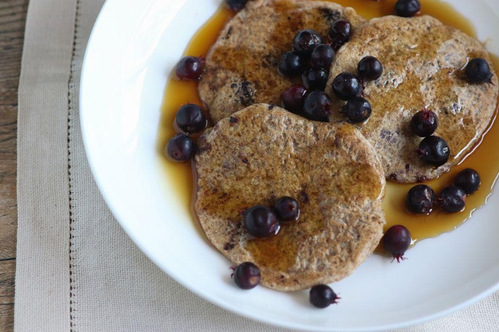 Juneberry Pancakes with Maple Syrup