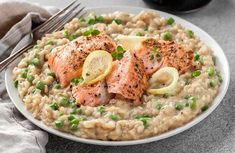 King Salmon Risotto with Peas and Lemon Zest