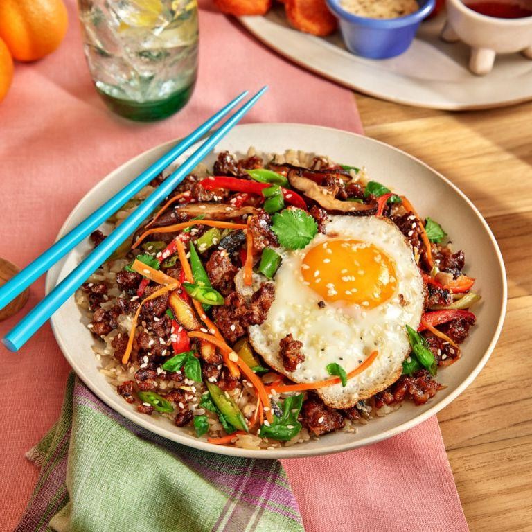 Korean Impossible Meat Bibimbap with Gochujang Sauce