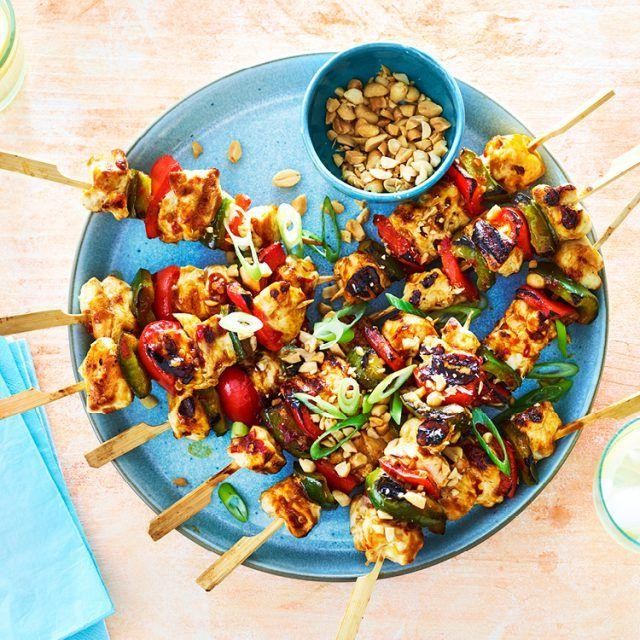 Kung Pao Chicken Skewers with Peanut Sauce