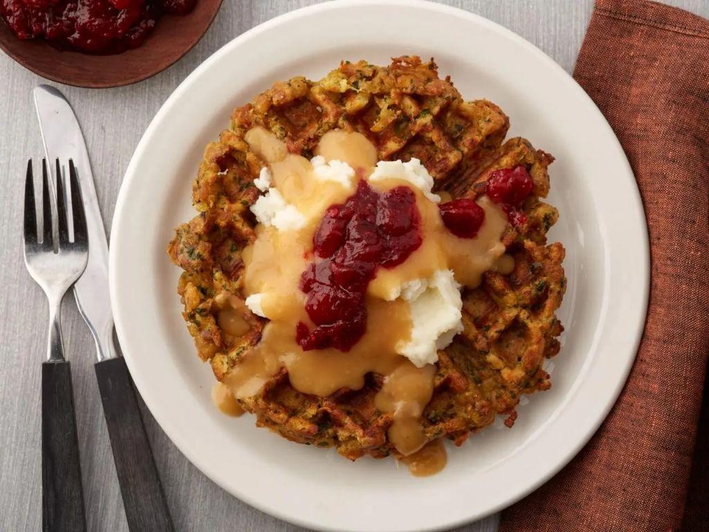 Leftover Stuffing Waffles with Cranberry Sauce