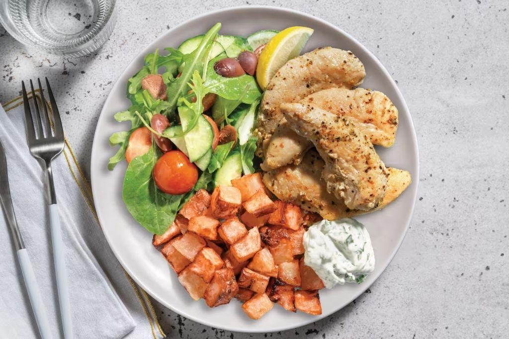 Lemon Garlic Chicken with Tomato Olive Salad