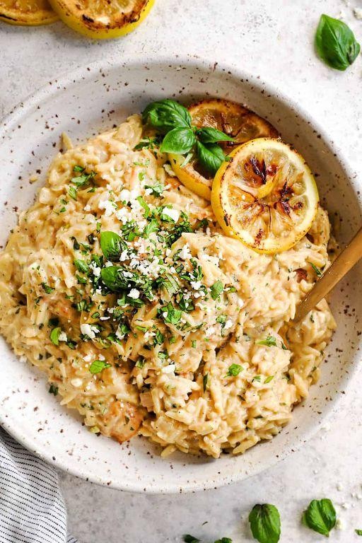 Lemon Herb Cheesy Orzo with Grilled Chicken