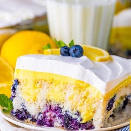Lemon Pudding Poke Cake with Blueberries
