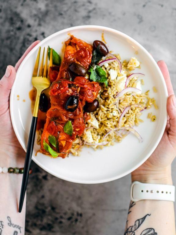 Mediterranean Poached Salmon with Olives and Tomatoes