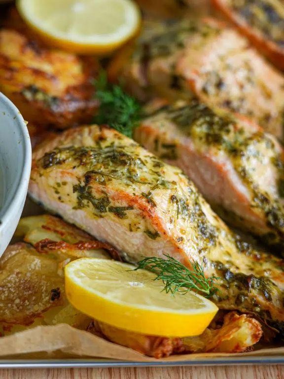 Mustard and Dill Crusted Salmon with Roasted Potatoes