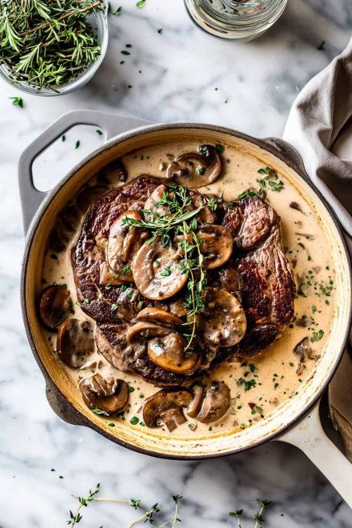 Pan-Seared Delmonico Steak with Mushroom Gravy