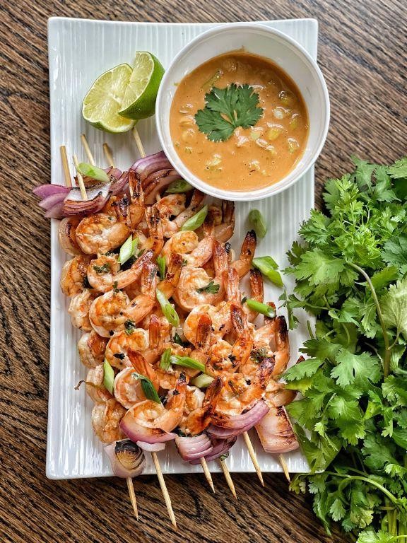 Peanut Sauce Drizzled Grilled Shrimp