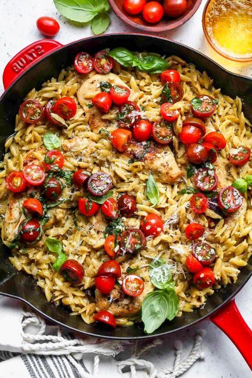 Pesto Cheesy Orzo with Cherry Tomatoes