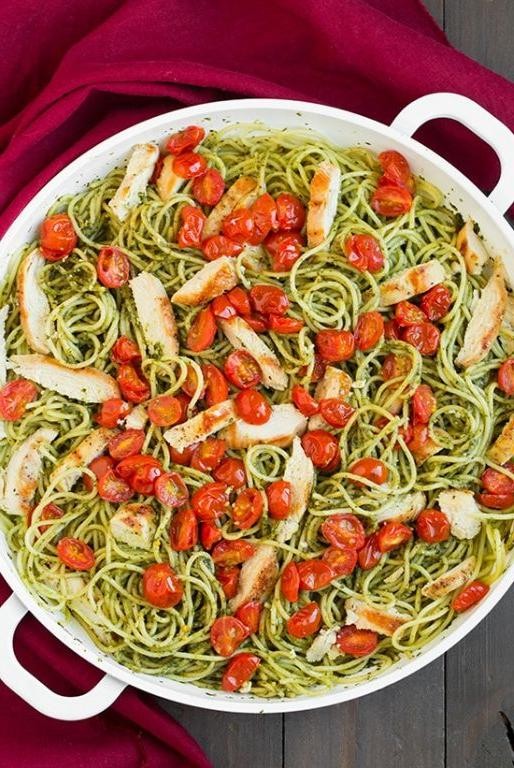 Pesto Pasta with Grilled Chicken and Cherry Tomatoes