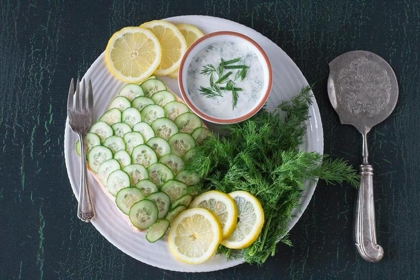 Poached Salmon with Cucumber Yogurt Sauce