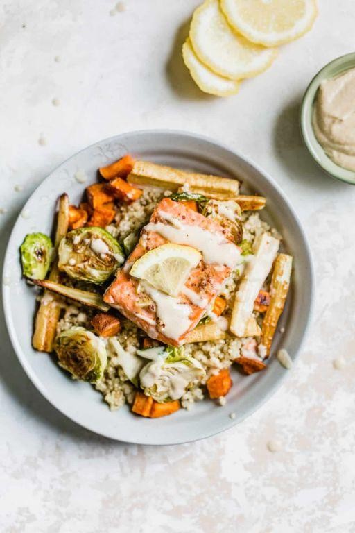 Quinoa Crusted Salmon with Lemon Tahini Dressing