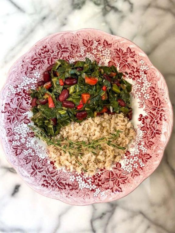 Red beans and rice with collard greens and vinegar