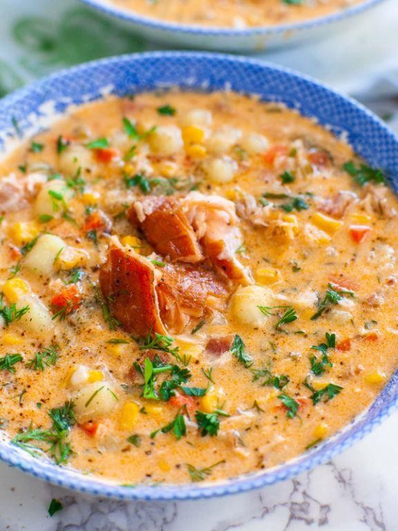 Salmon Chowder with Corn and Bacon