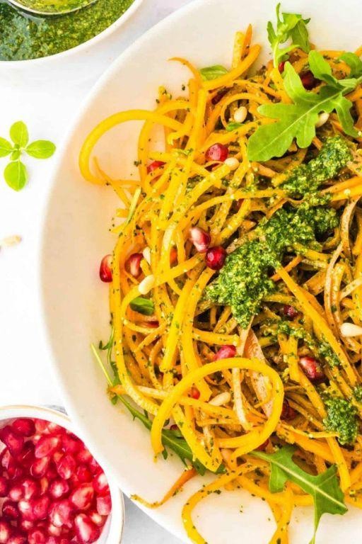 Spiralized Crookneck Squash Noodles with Pesto