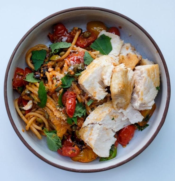 Swordfish Puttanesca with Spaghetti
