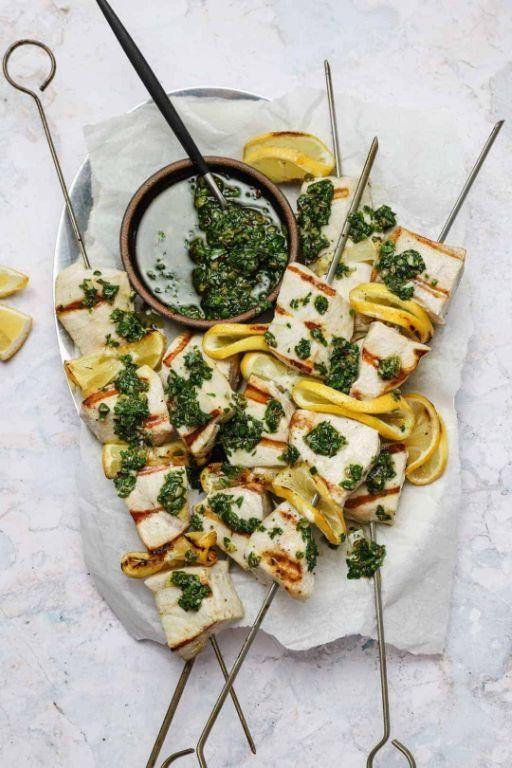 Swordfish and Shrimp Skewers with Garlic Aioli