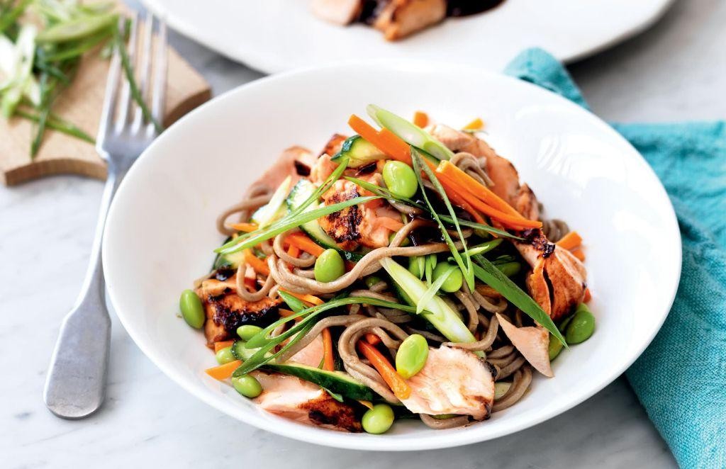 Teriyaki Salmon Protein Pasta with Edamame