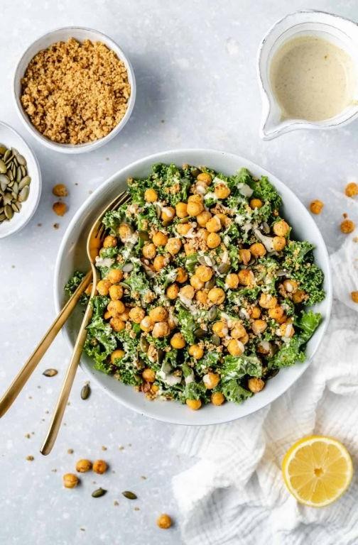 Vegan Kale Caesar Salad with Crunchy Croutons