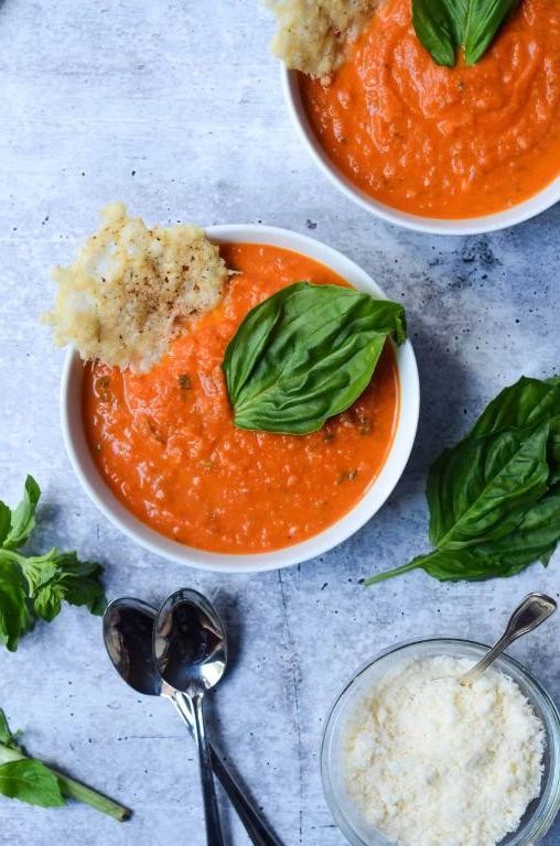 Velvety Tomato Basil Soup with Parmesan Crisps