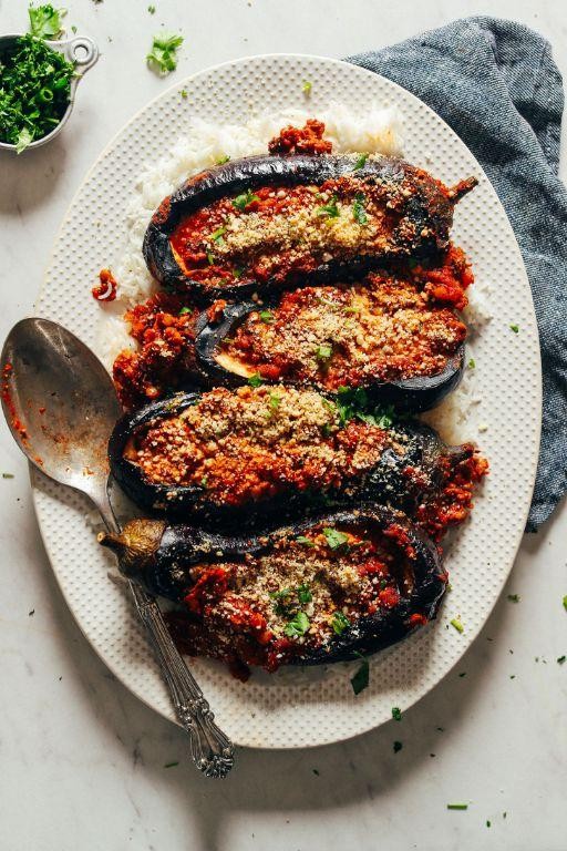 Walnut and Lentil Stuffed Eggplant