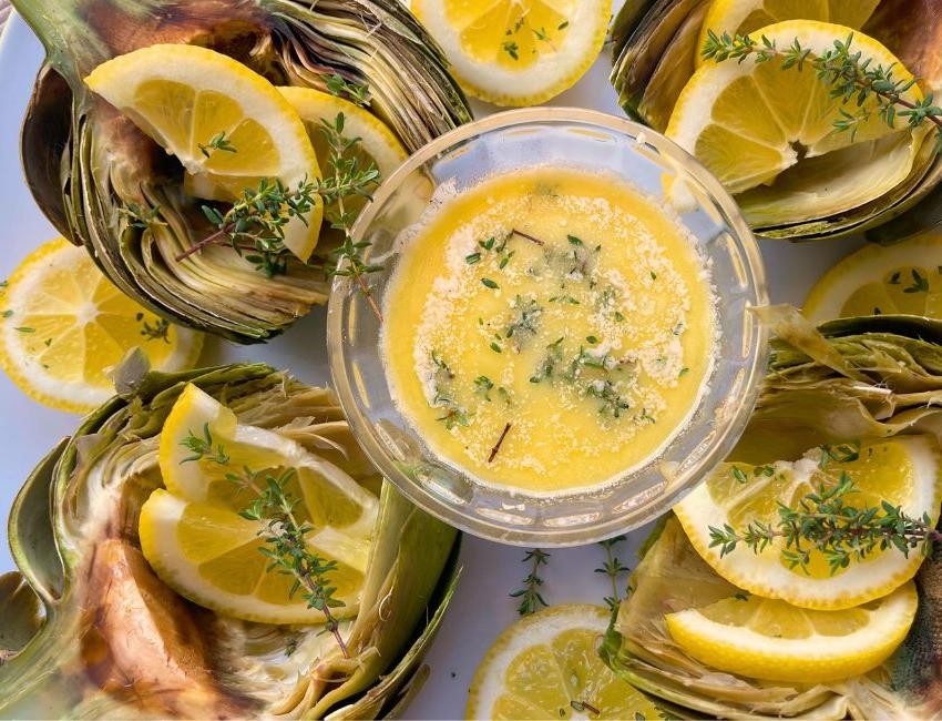 Whole Artichokes with Lemon Garlic Dipping Sauce