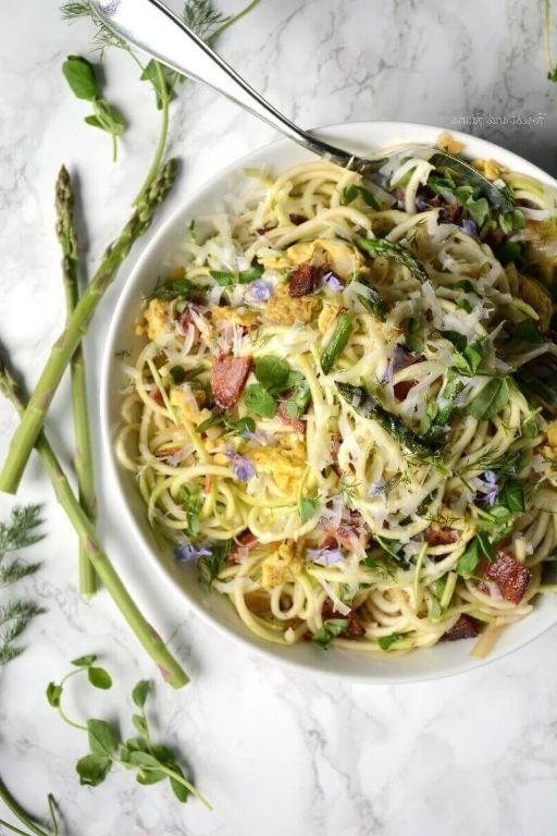 Zucchini Carbonara with Bacon and Peas